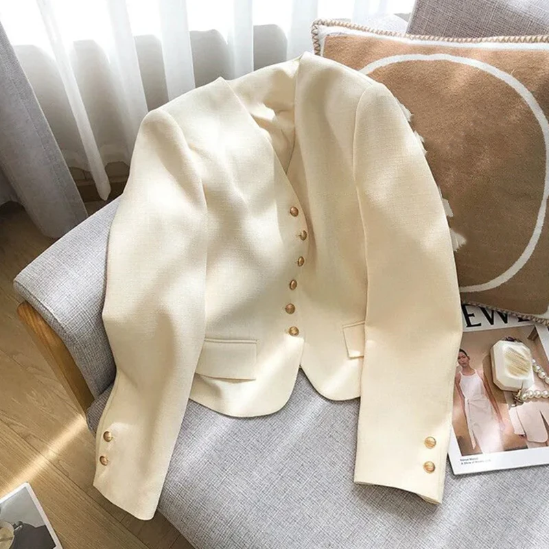 米白色小香风西装外套女短款春秋新款简约时尚显瘦气质小个子西服