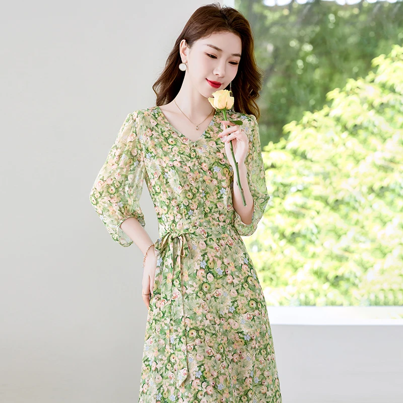 水墨佳人100%桑蚕丝真丝印花连衣裙82498006