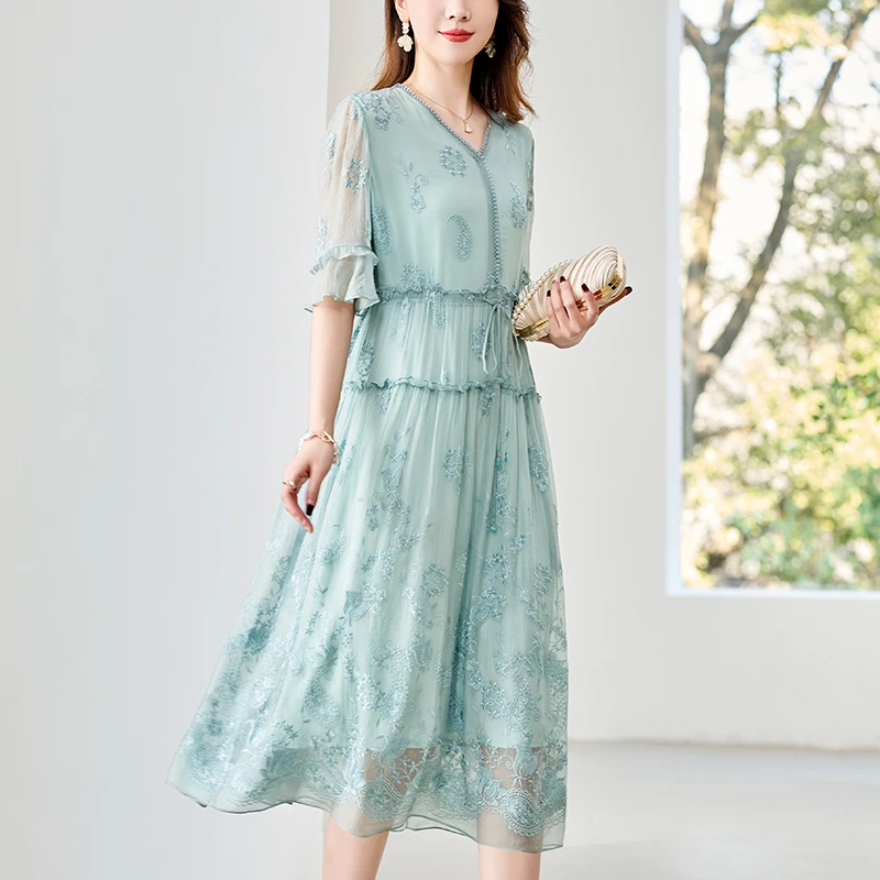 【大冬甄选】水墨佳人100%桑蚕丝夏季刺绣真丝连衣裙82497010