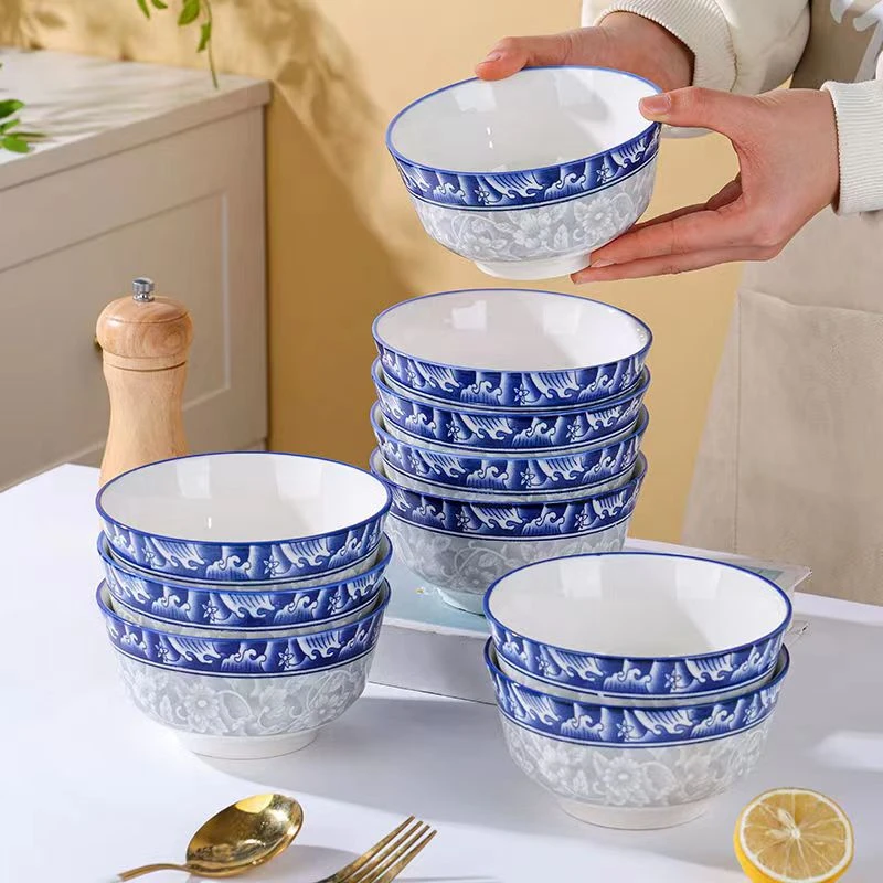 青花瓷碗盘勺餐具中式复古碗家米饭碗用创意陶瓷吃饭碗釉下彩餐具