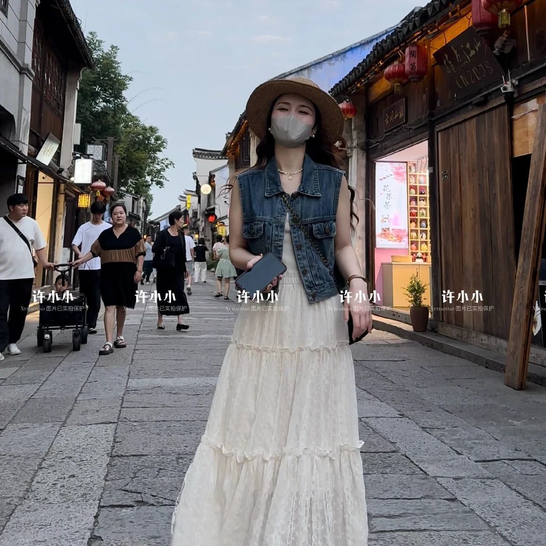 许小小韩版夏季薄款复古压褶牛仔短款马甲 时尚百搭无袖外套 4065