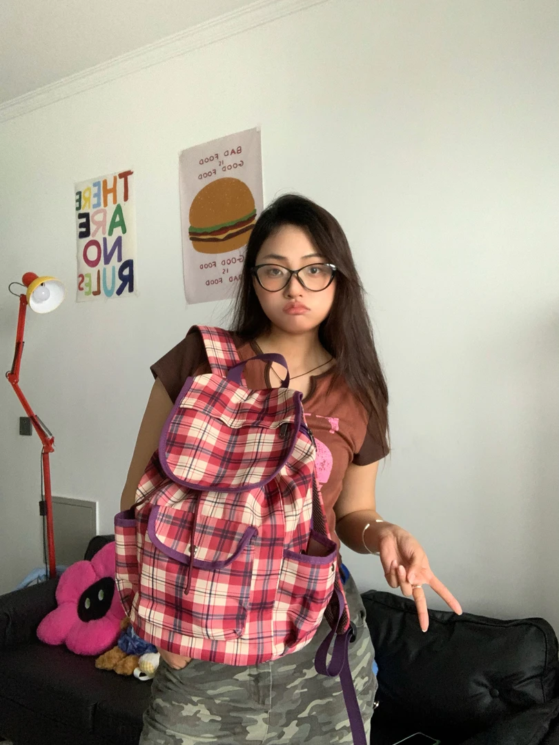 2025美式复古小众格纹双肩包女新ins韩版尼龙旅游背包大学生书包