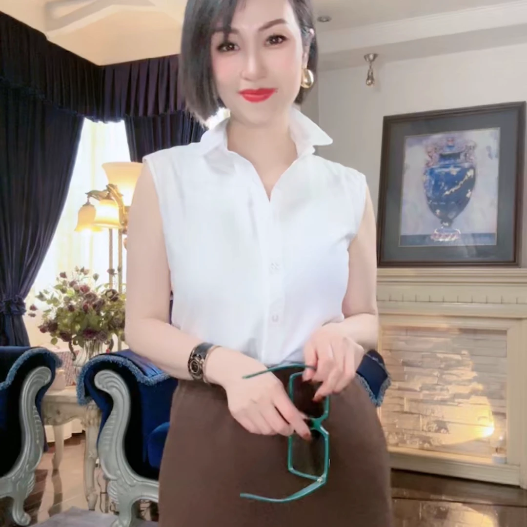 【无袖】无袖显瘦气质洋气轻奢百搭小众衬衫领修身打底无袖衬衫