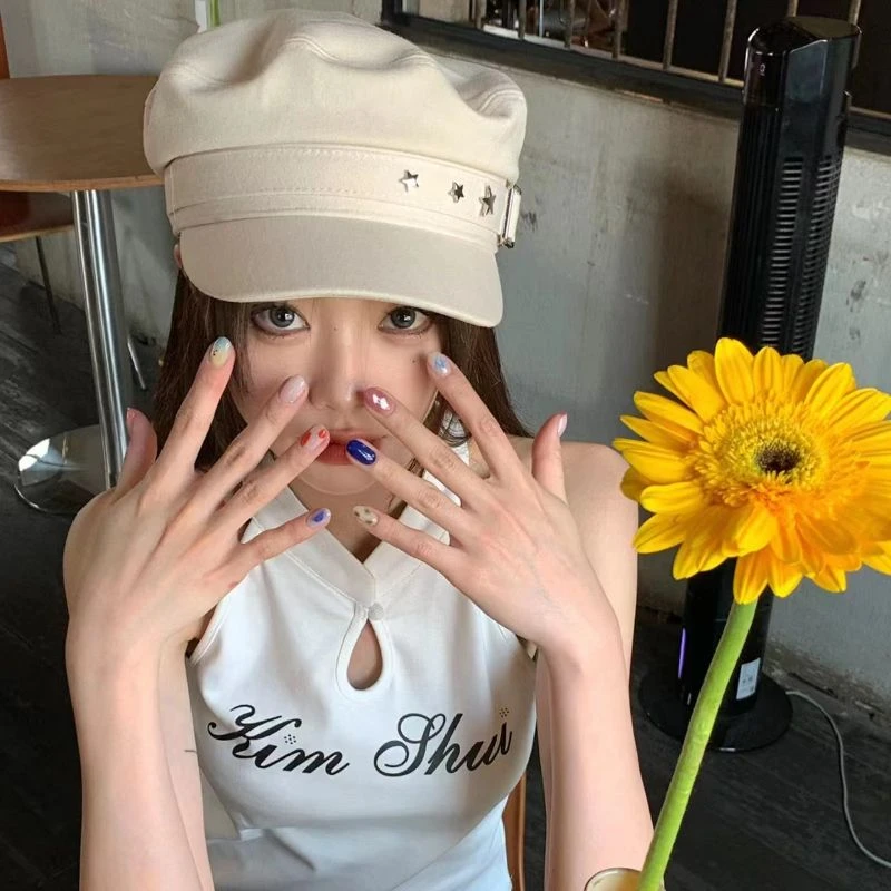 复古甜酷辣妹星星元素鸭舌帽子女显脸小八角帽亚文化潮画家贝雷帽