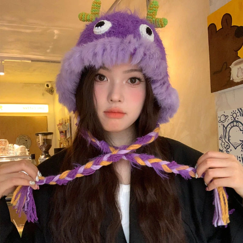 可爱丑萌搞怪小怪兽毛绒帽子女秋冬季保暖毛茸茸护耳帽毛线帽冷帽