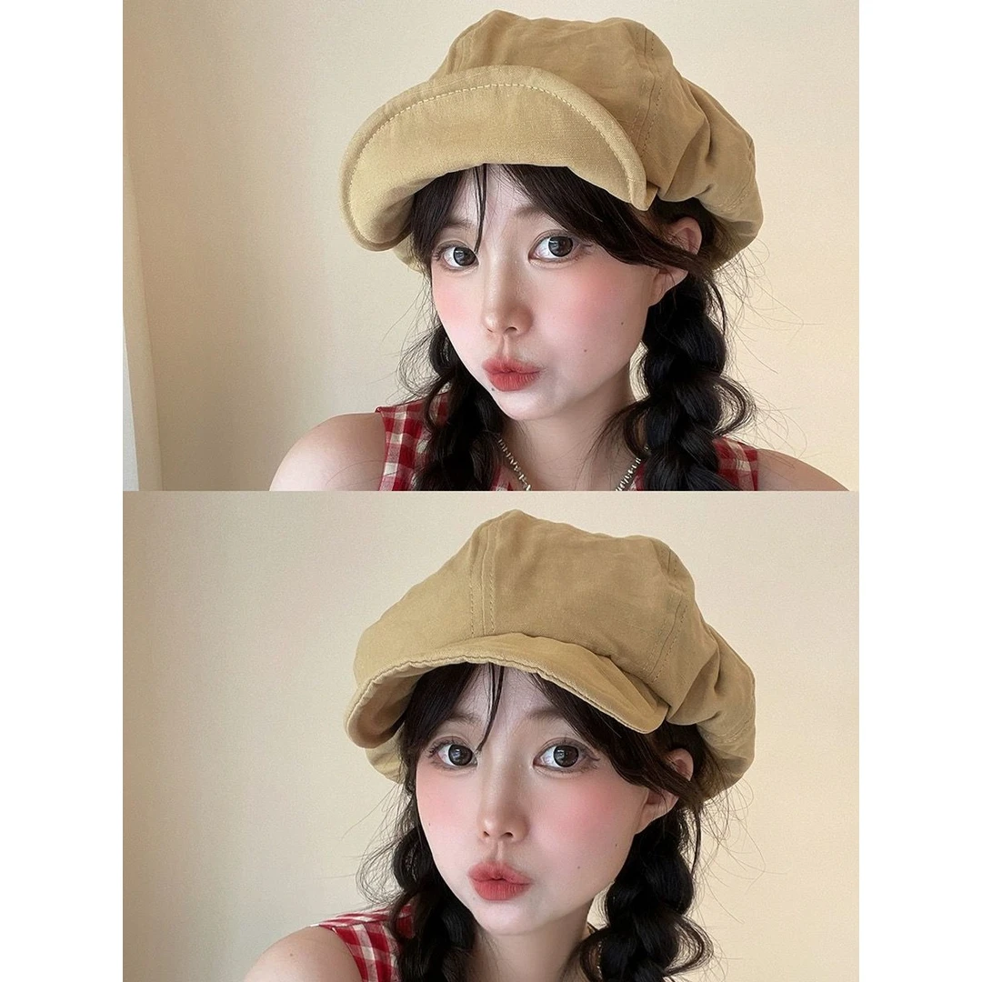 复古鸭舌贝雷帽女春秋季韩版百搭显脸小八角帽日系大头围画家帽子