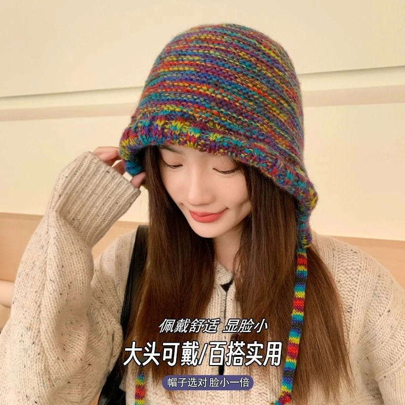 2023新款彩虹多巴胺帽子女冬季网红百搭保暖日韩系针织围帽显脸小