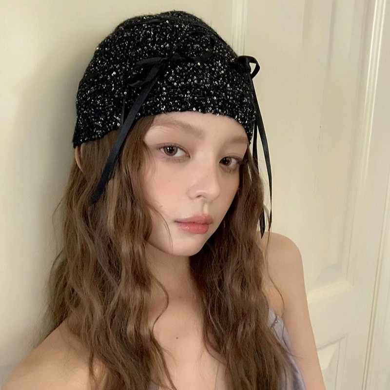2024新款亮闪闪冷帽韩女蝴蝶结百搭韩版弹力显脸小包头针织帽子潮