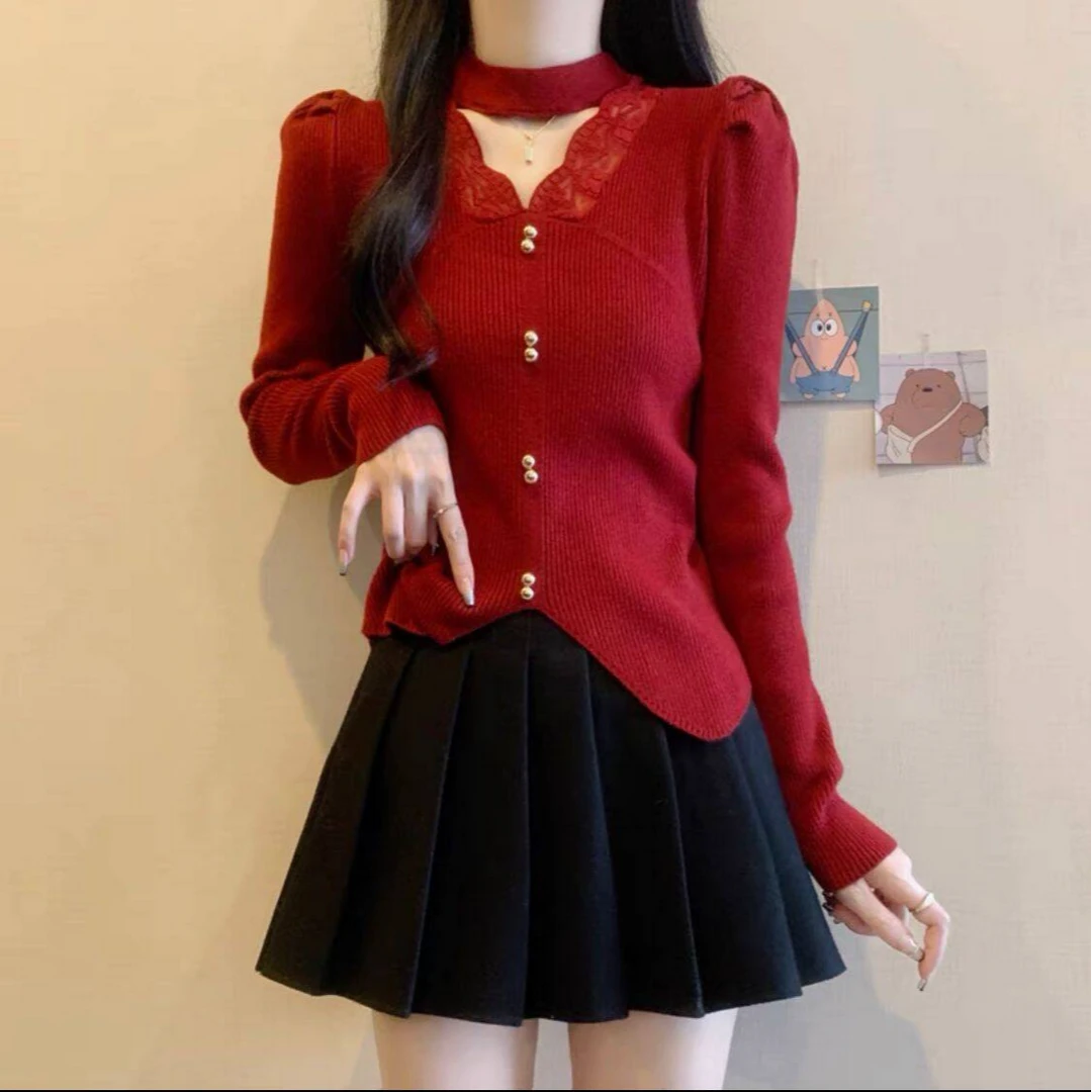 法式挂脖V领洋气显瘦针织打底衫百搭潮流气质内搭上衣蕾丝边拼接