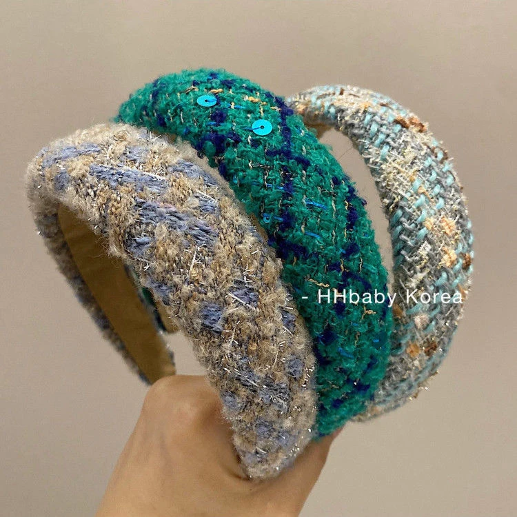 【HHBABY】小香风Retro绿色粗花呢亮丝海绵发箍灰蓝色发卡女发饰