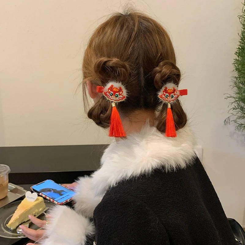 龙年好运中国风过新年头饰红色流苏发夹女新中式古风儿童拜年发卡