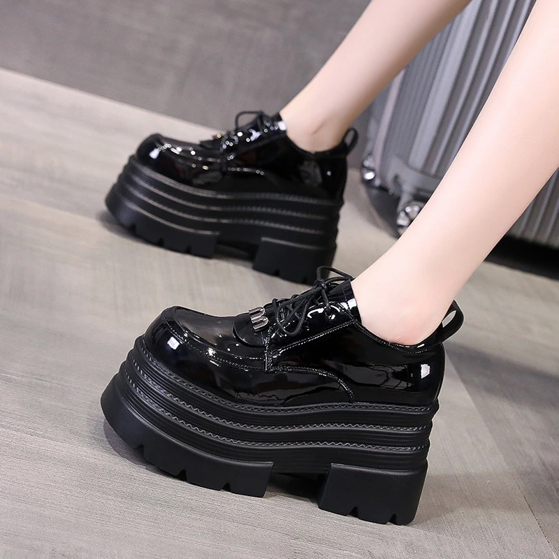 10cm增高厚底小皮鞋女春秋百搭2025新款真皮系带英伦风乐福鞋单鞋