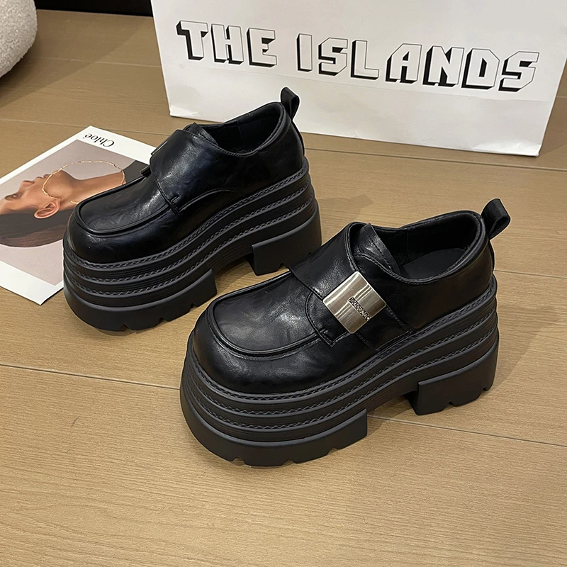 小个子厚底真皮乐福鞋女2025春秋新款英伦小皮鞋魔术贴超高跟单鞋