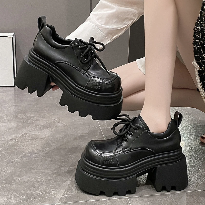 欧货2025春新款厚底乐福鞋女小皮鞋10cm增高系带时尚女鞋休闲单鞋