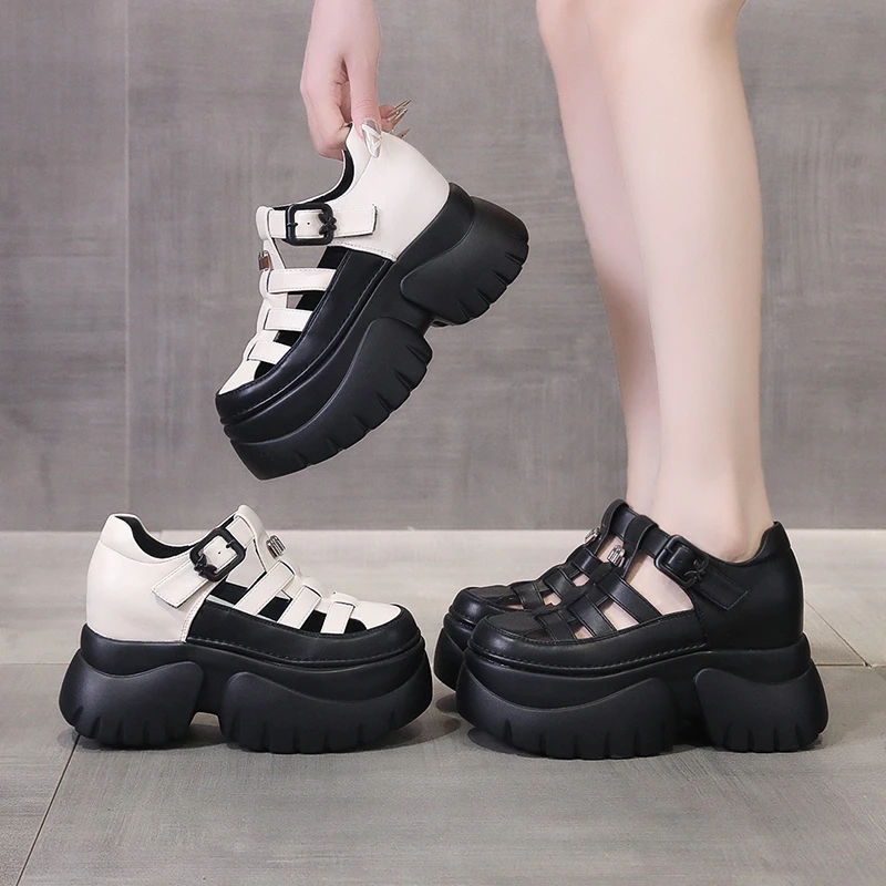 欧货内增高小个子包头凉鞋女款厚底猪笼鞋2025新款夏季镂空洞洞鞋