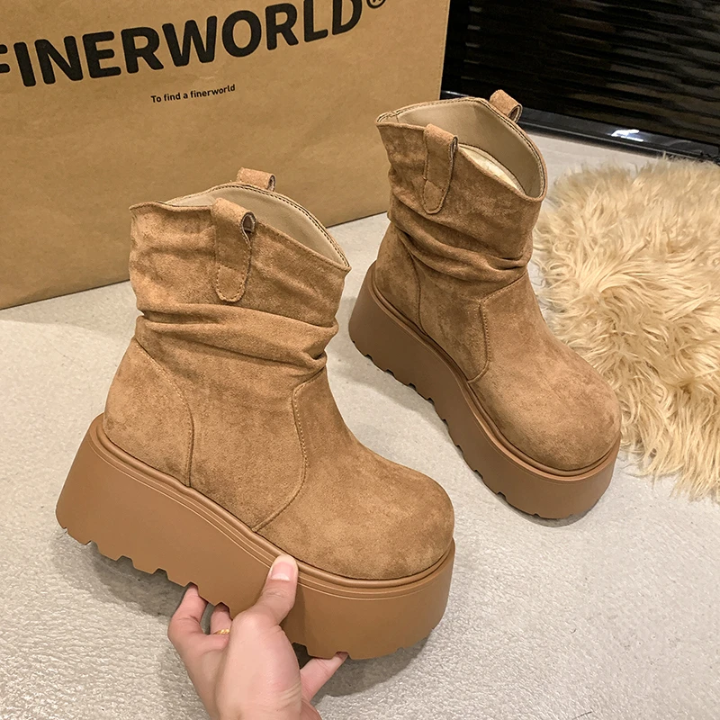 7cm厚底瘦瘦马丁靴女2024新款秋冬复古韩系套筒堆堆靴加绒短靴子