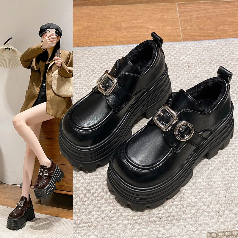 英伦风厚底小皮鞋2025新款秋冬加绒女鞋高跟松糕小个子增高乐福鞋
