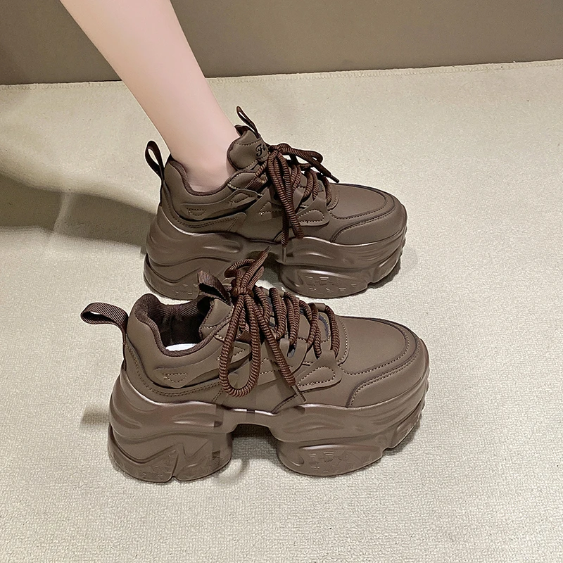 爆款咖色厚底增高老爹鞋女2025春秋新款皮面百搭显脚小休闲运动鞋