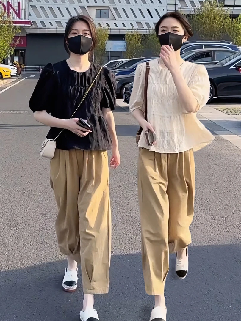 泡泡袖衬衫九分休闲裤套装女夏季新款圆领短袖小衫香蕉棉质哈伦裤