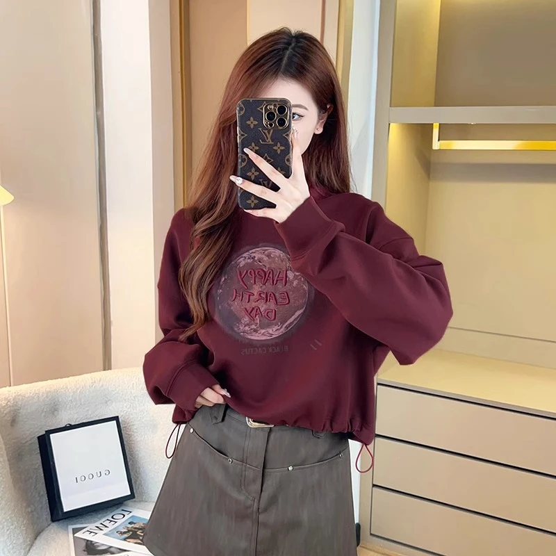 休闲印花显瘦抽绳卫衣女2025春秋新款小个子圆领纯欲慵懒风女装