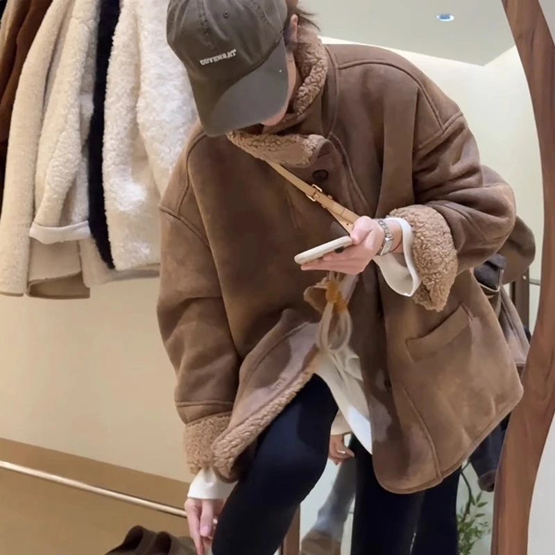 羊羔毛外套女中长款加绒加厚秋冬季新款2024韩系保暖皮毛一体上衣