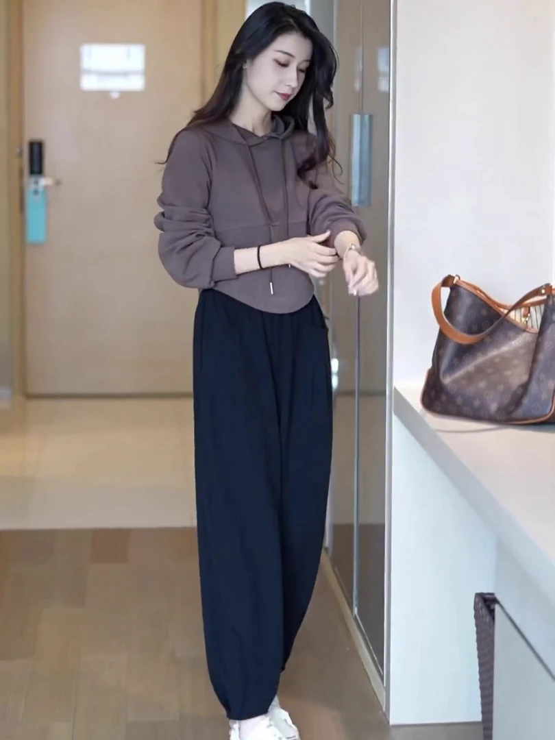 春秋新款连帽卫衣外套女休闲宽松哈伦束脚裤运动九分卫裤两件套装
