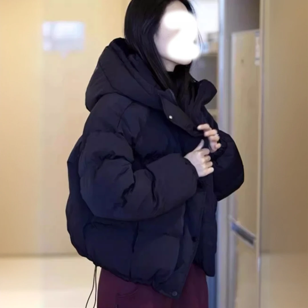 欧货时尚黑色连帽棉服外套女2025冬季新款高级感宽松保暖棉衣棉袄