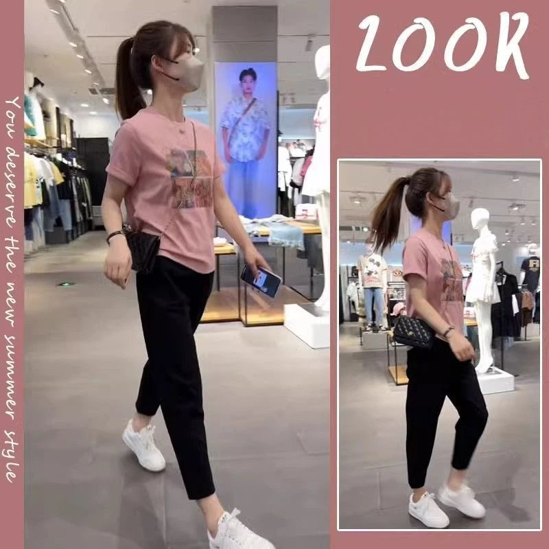 2025夏季新款印花圆领短袖T恤女宽松显瘦时尚百搭减龄气质上衣女