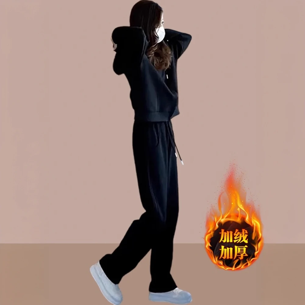 2025冬季新款女士运动服套装加绒加厚休闲时尚两件套卫衣洋气时髦
