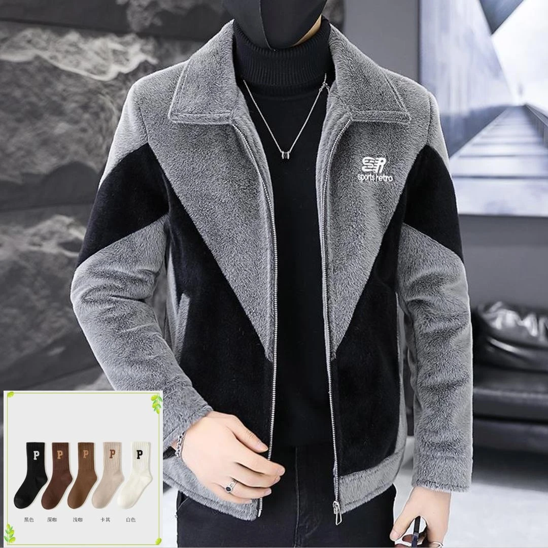 中筒（哇）【随机颜色3双】男立领高端格子毛呢大衣加绒加厚外套保暖