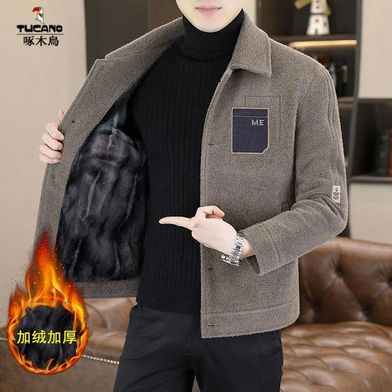 啄木鸟短款加厚毛呢大衣冬季潮流翻领加绒呢子夹克春装外套上衣服