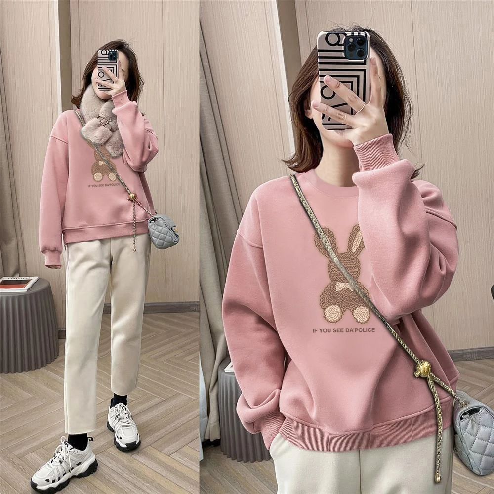 2024年新款秋冬季粉色圆领卫衣女韩版宽松休闲上衣减龄显瘦打底衫