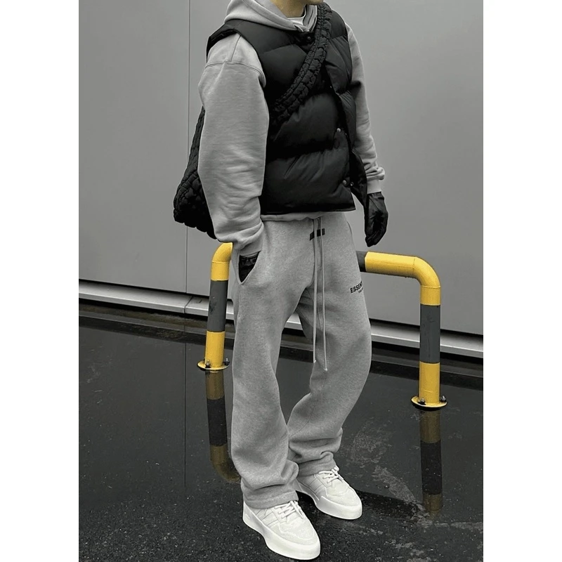 第八季植绒小标加绒阔腿卫裤直筒时尚情侣宽松情侣潮流加厚秋冬