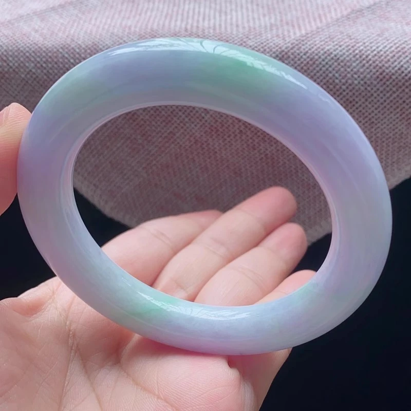 58圈23702冰糯种春带彩紫罗兰飘甜绿色花翡翠手镯子圆条玉手环a15