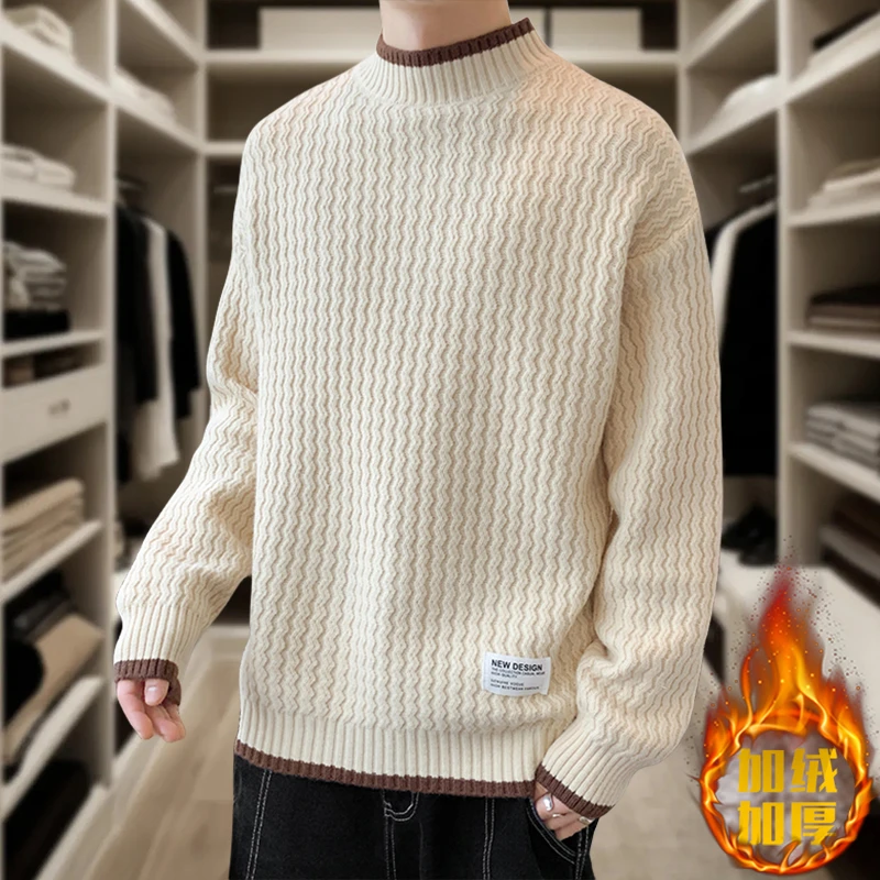 青少年半高领毛衣男冬季加绒加厚中领针织衫初中高中学生保暖线衣