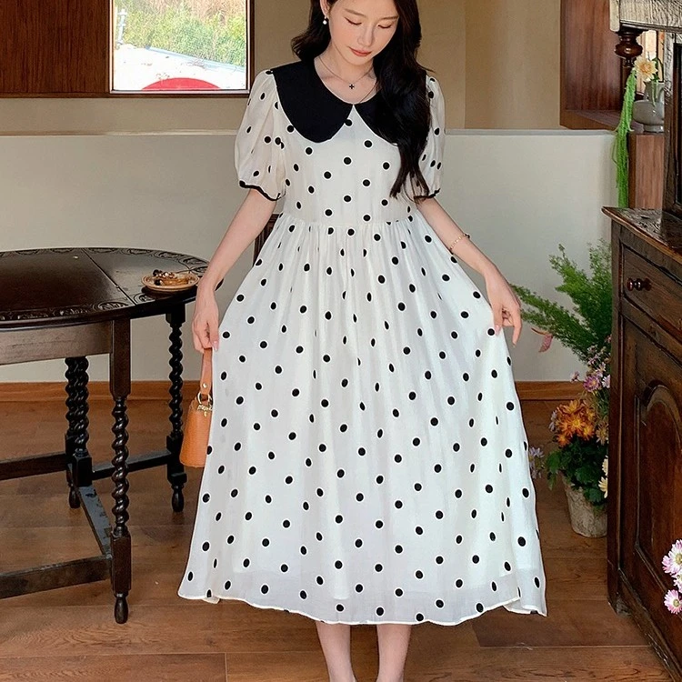 （3741-3760美）夏季系百搭连衣裙甜美波点短袖黑色领裙子仙气裙
