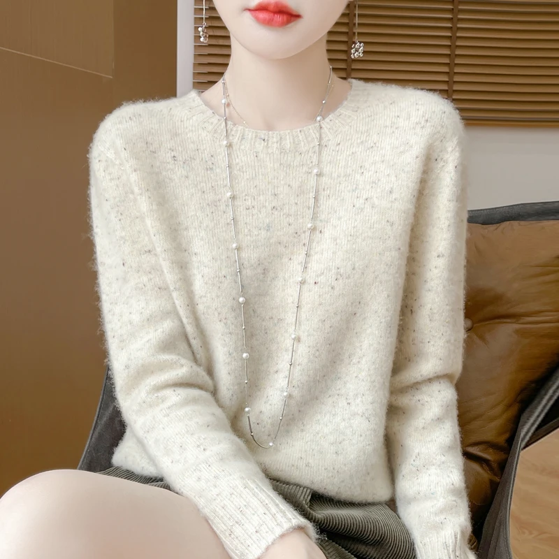 【一线成衣 100%纯羊毛】无缝成衣圆领点子纱针织毛衣宽松打底上衣