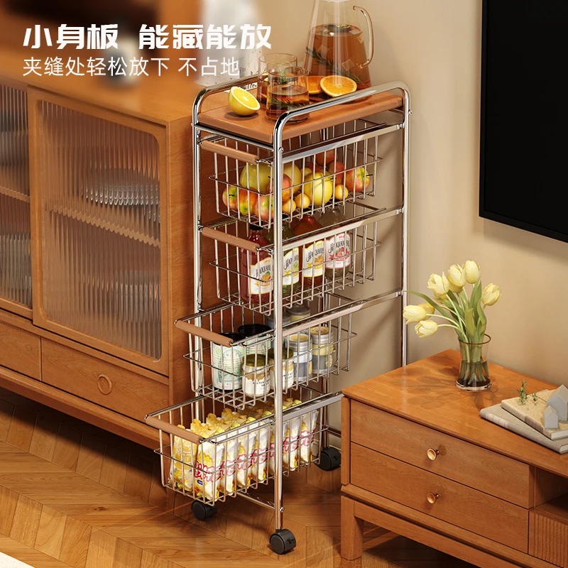 新款中古风移动小推车实木收纳架多层落地电镀厨房置物篮零食架子