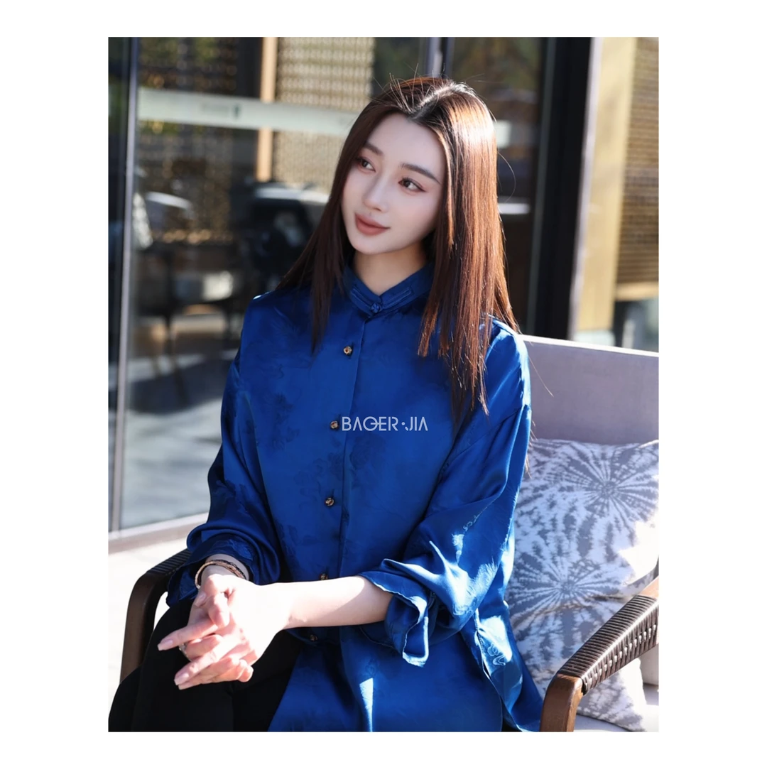 22-宝儿家含幂BK54624311冬季新款新中式祥云龙纹铜扣真丝衬衫