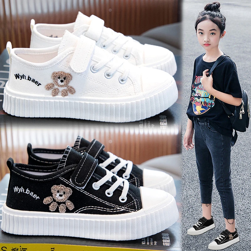 ABC女童帆布鞋2024春秋季新款儿童运动板鞋中大童透气女孩小白鞋