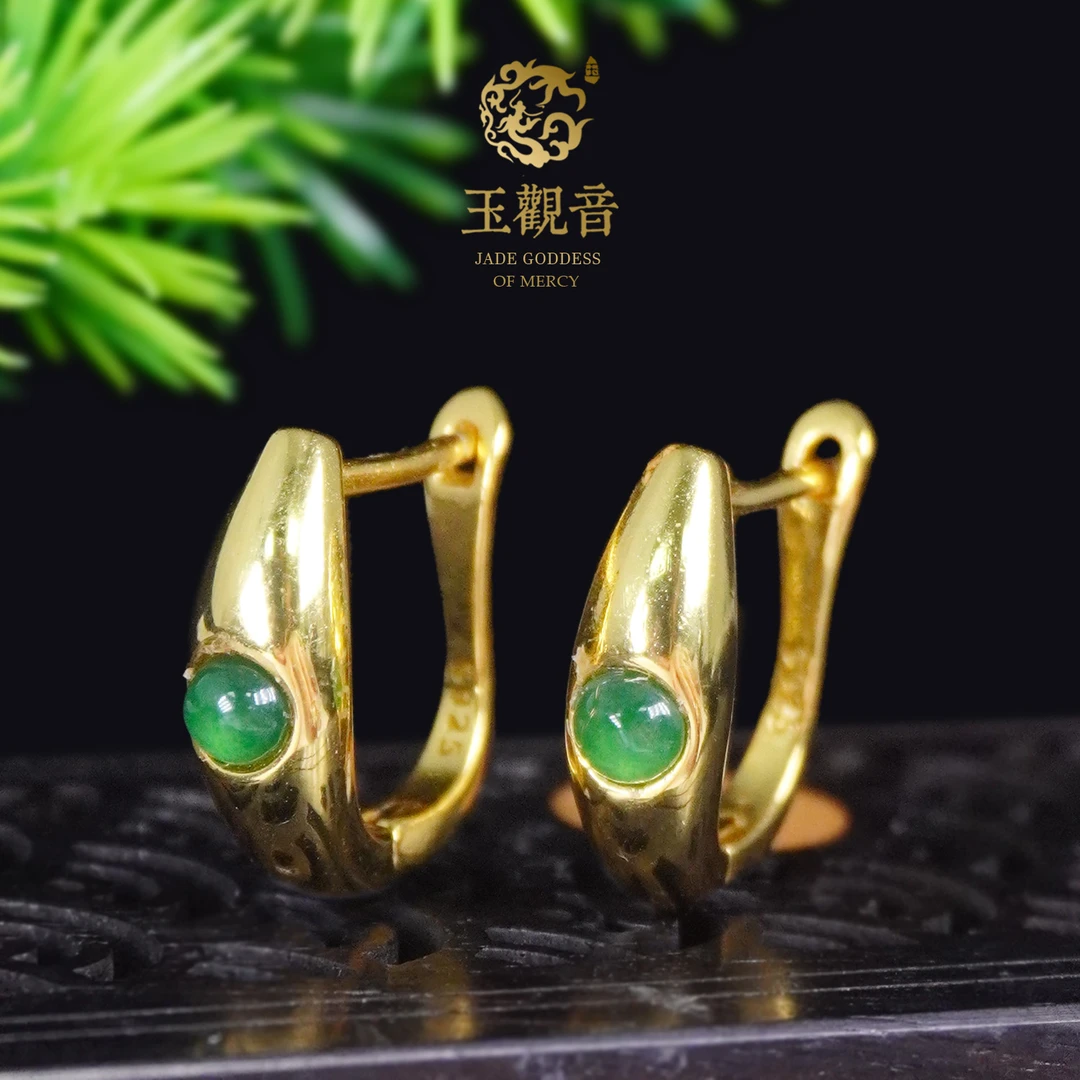 玉观音｜S925银镶嵌耳扣耳饰女天然翡翠A货国潮风精致百搭简约个性