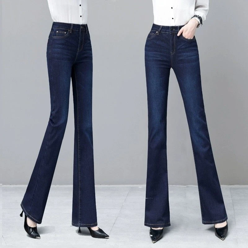 2025秋冬季加绒加厚微喇小黑裤牛仔裤女士高腰修身大码垂感喇叭裤