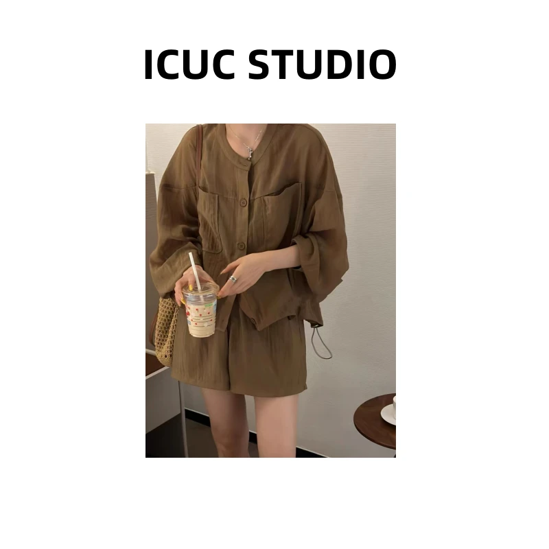 ICUC定制-夏季新款时尚设计落肩长袖衬衫松紧短裤两件套24209