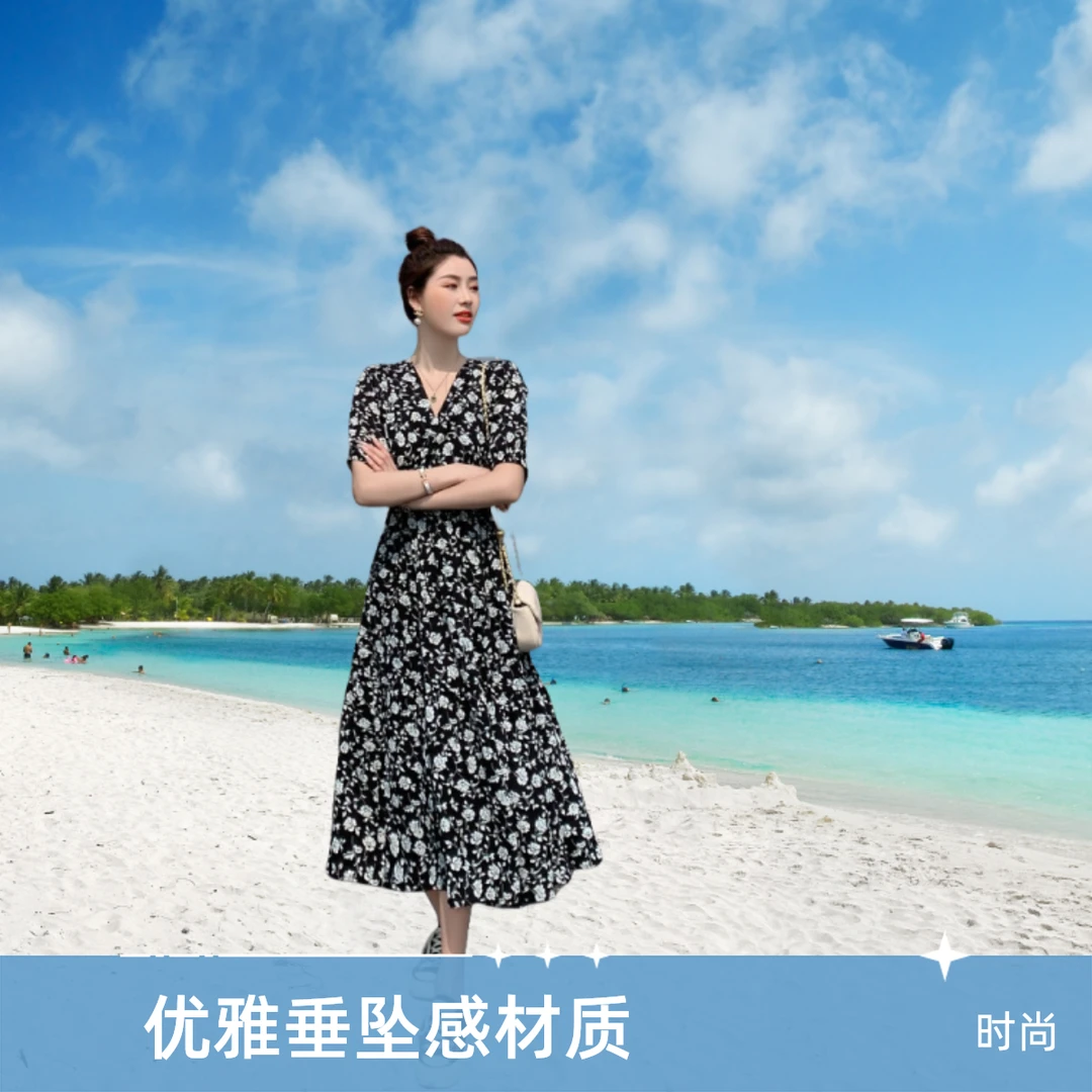 法式开叉碎花V领连衣裙女夏季2024新款中长款收腰显瘦气质茶歇裙