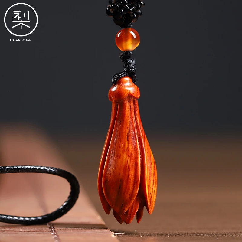 梨香院印度小叶紫檀玉兰花吊坠毛衣链花瓣女士红木古风古典木质子