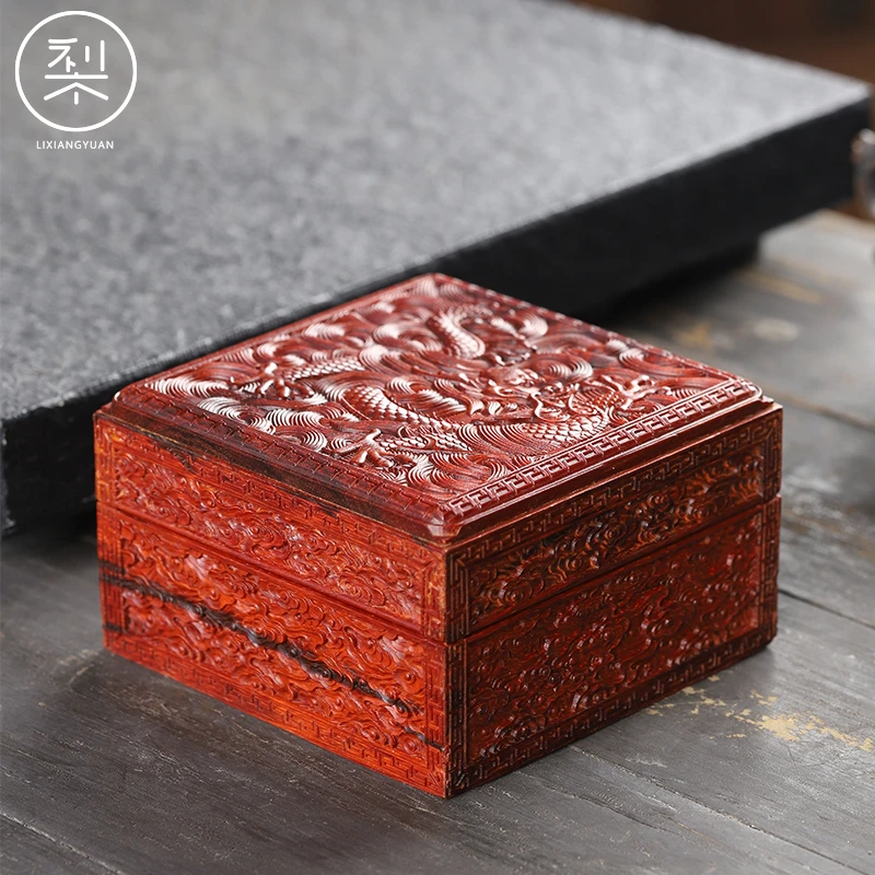 梨香院印度小叶紫檀盘龙祥云文盒文玩收藏印章收拾盒子瑞兽满雕龙