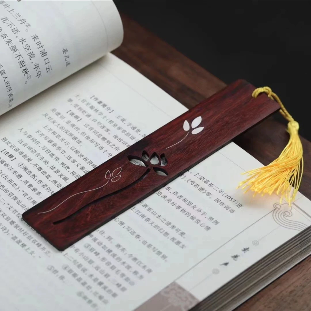 印度小叶紫檀镂空木雕书签木嵌银丝复古中国风流苏高档文玩好物