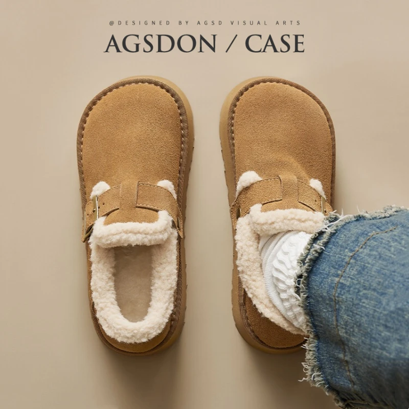 奥古狮登厚底加绒勃肯鞋女2024新款冬季保暖毛毛棉鞋一脚蹬雪地靴