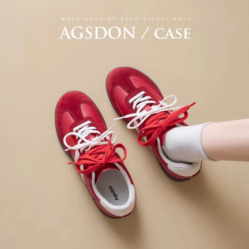 奥古狮登红色德训鞋女款2024秋季新款平底休闲板鞋软底运动阿甘鞋