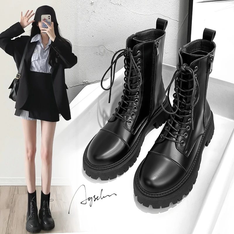 60504黑色马丁靴女新款瘦瘦短靴厚底英伦风中筒靴